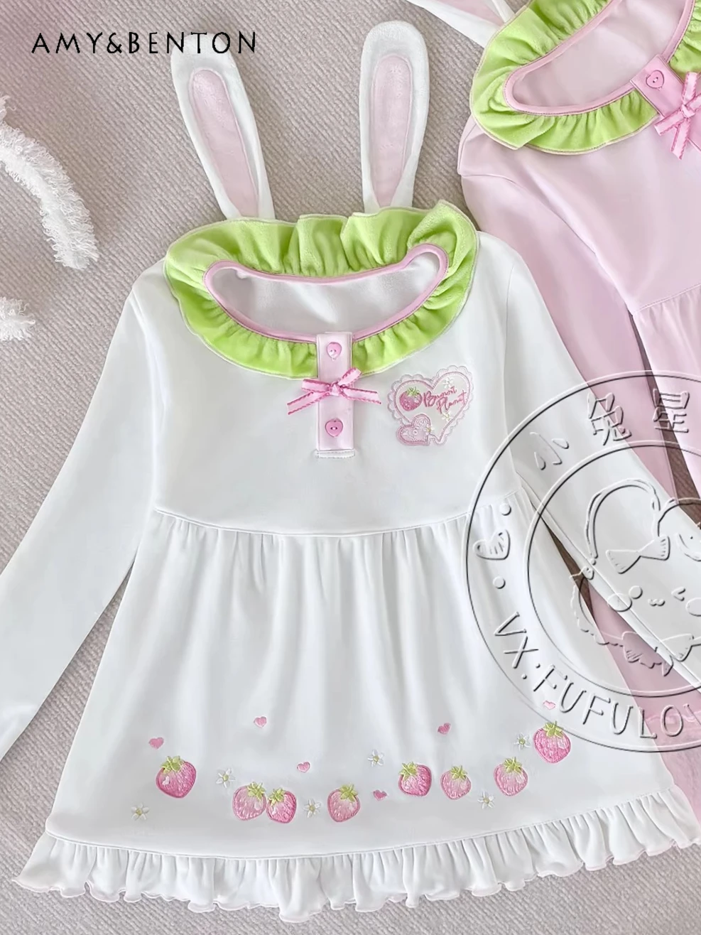 

Spring New Sweet Bunny Ears Cartoon Embroidered Ruffled Crew Neck Long Sleeve Top Women Japanese Kawaii Patchwork Color Tops