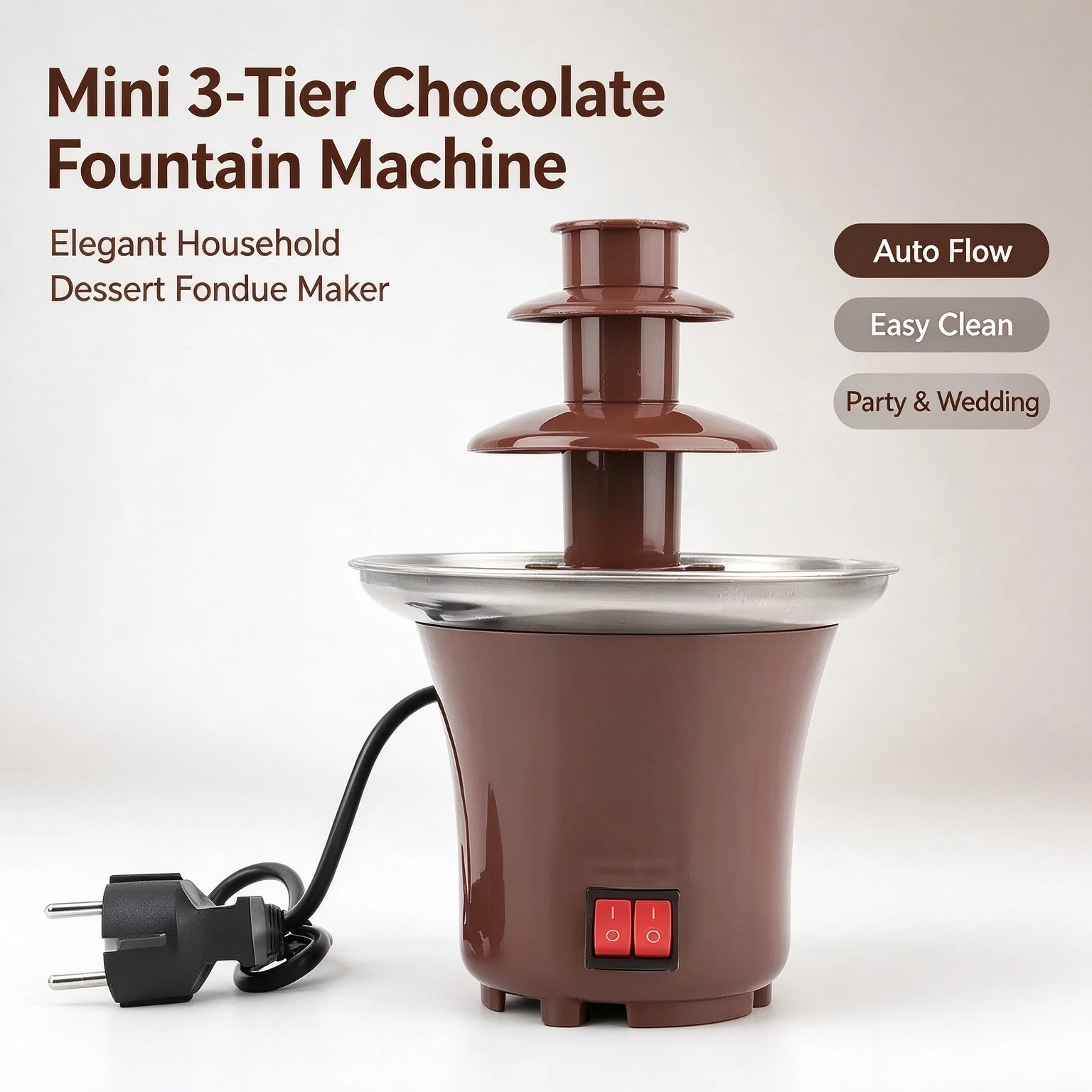 Mini 3-Tier Chocolate Fountain Machine, Elegant Household Dessert Maker, Auto Melting Fondue Pot for Wedding & Home Party