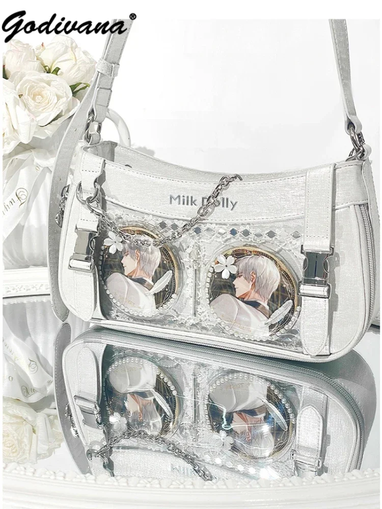 Original Rock Locomotive Bolso Transparent Crossbody Bags Sweet Girl Women Solid Color Leather Underarm Bag Lolita Shoudler Bags