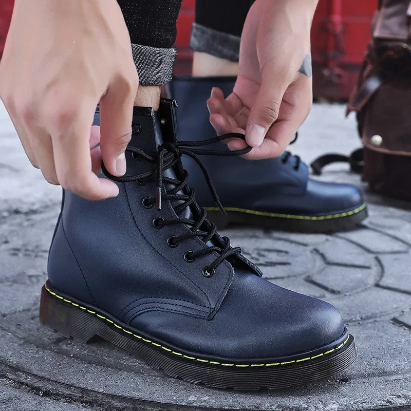 Men Ankle Boots Couple Thick Sole Designer Luxury Women Black Leather Short Boots Large Size Outdoor Work Boots Motorcycle Shoes