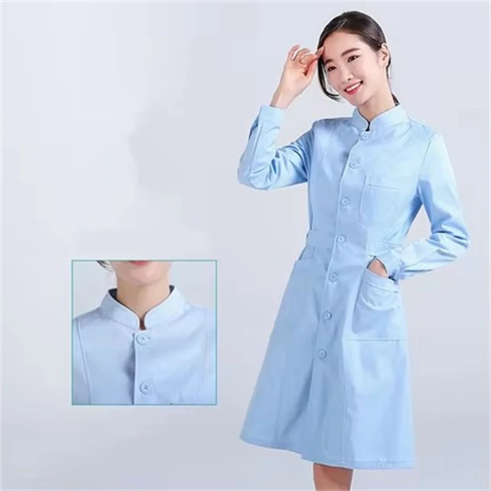 

Nurses wear long-sleeved spring white coats are open stand-up collar pink female hospital pharmacy work clothes beauty clothes