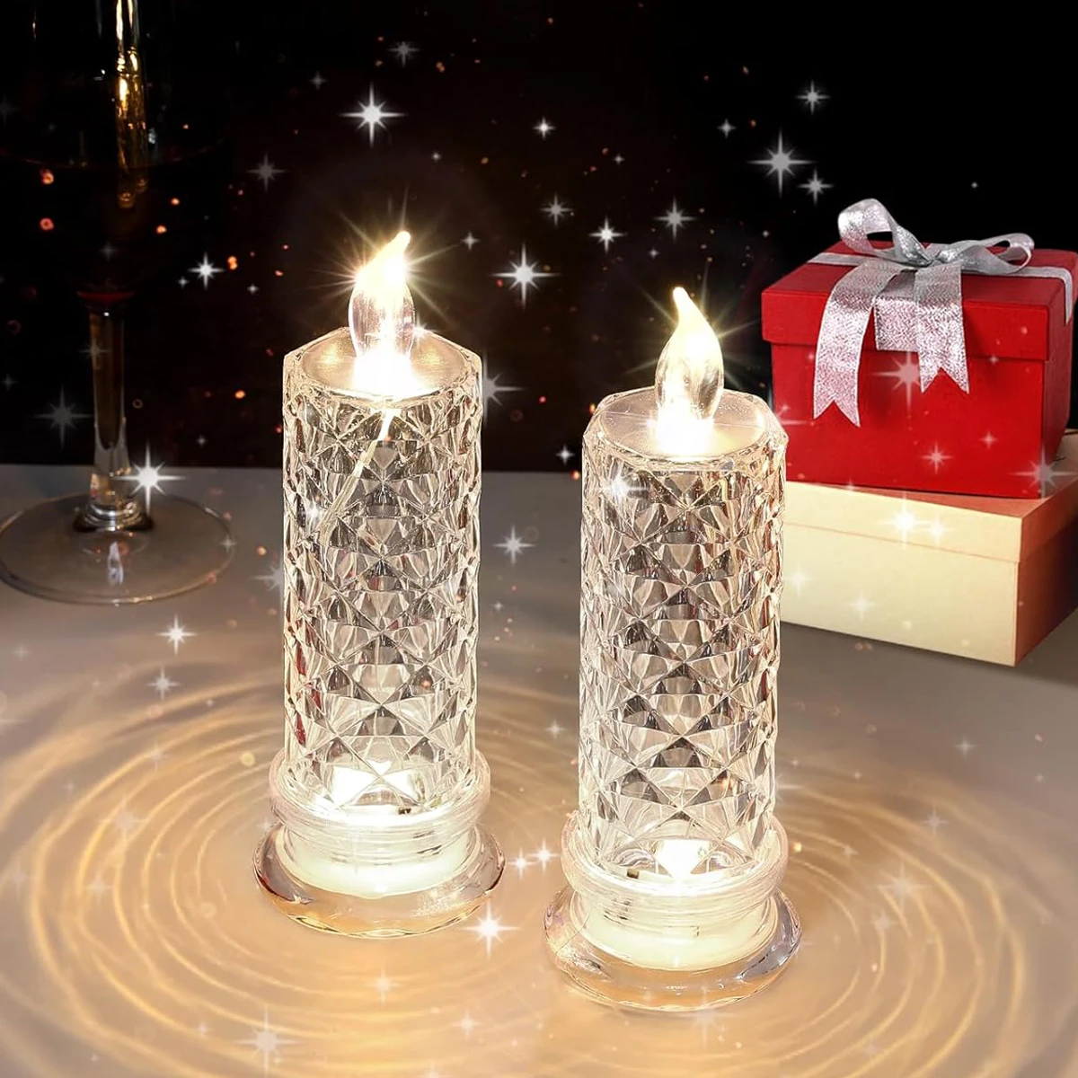 Led Crystal Candle Light Table Rose Romantic Night Bedroom Party Christmas Decor Decoration Pattern Shadow Transparent