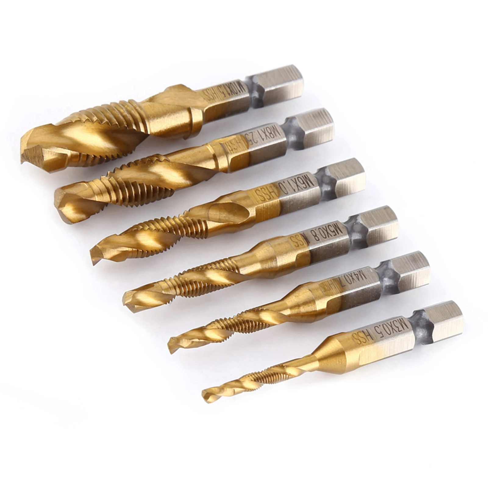 6pcs Screw Taps Tool Set Metric Thread M3-M10 Titanium Coated HSS Drill and Tap Bits 1/4
