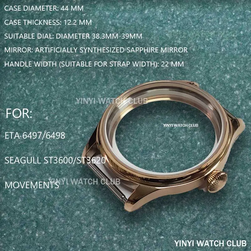 44mm Watch Case Rose Gold Black Sliver Sapphire mirror surface case Transparent bottom for ETA6497/ETA6498 Movements