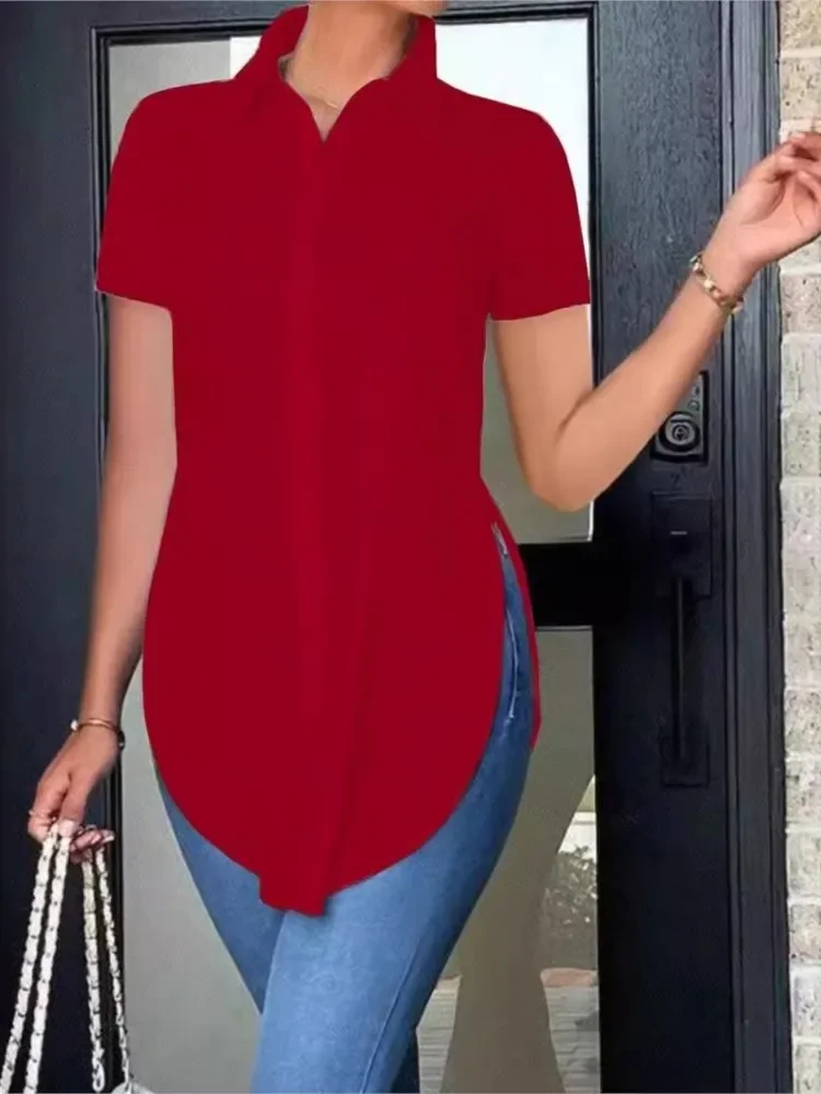 Blusas de mujer, camisa informal blanca de manga corta a la moda, camisas ajustadas irregulares con solapa OL, ropa de mujer, Tops de calle