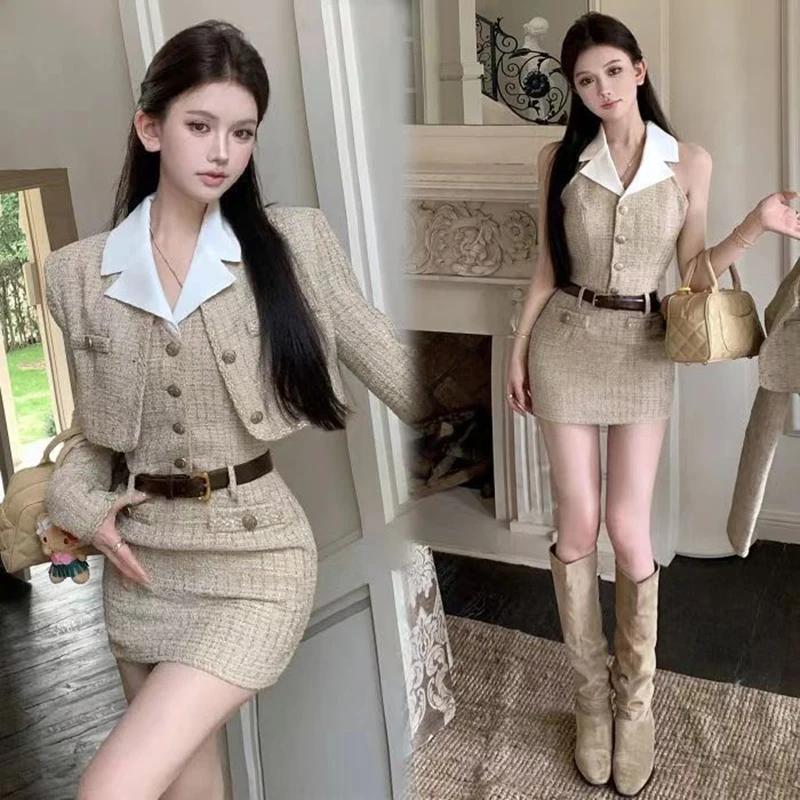 Conjunto de dos piezas suave de estilo francés para mujer, camiseta sin mangas con cuello colgante, vestido con cinturón + abrigo de traje corto ajustado de un solo pecho