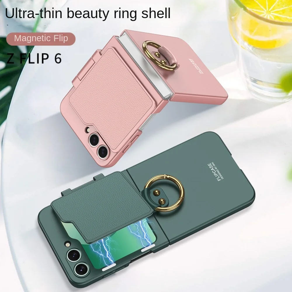Ring Holder Phone Case With Back Screen Protective Cover Mirror For Samsung Galaxy Z Flip 6 Flip6 5G 2024 Shockproof Hard Shell