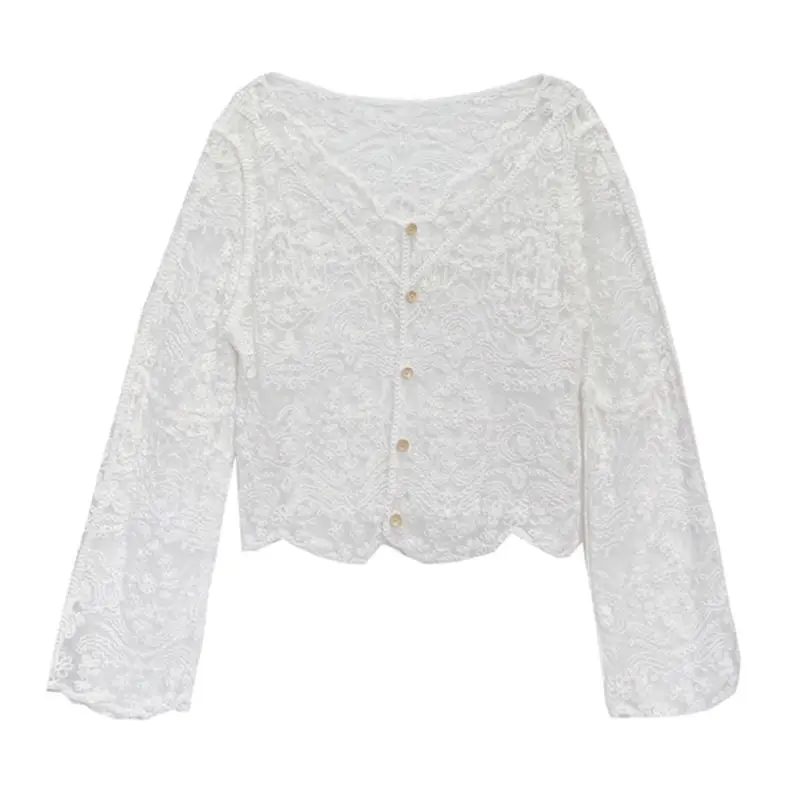 2025 verão novo solto estilo coreano rendas oco para fora roupas de proteção solar cardigan de malha chique fino topo feminino