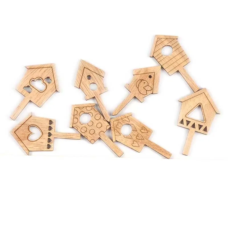 25Pcs 3x5cm Natural House Pattern Wooden Board Insert Ornaments Flowerpot Card Kids Supplies Wood DIY Crafts Home Decor Arts