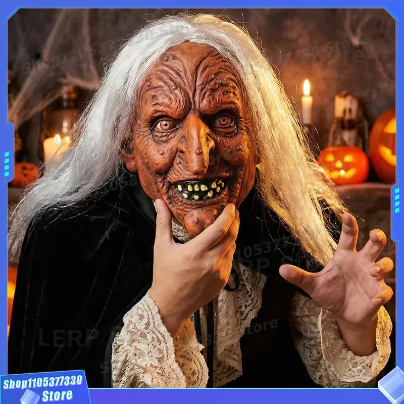 Halloween Witch Mask Brown Skin Latex Full Face with White Hair Creepy Prop for Party Theatrical Performance Cosplay Costume