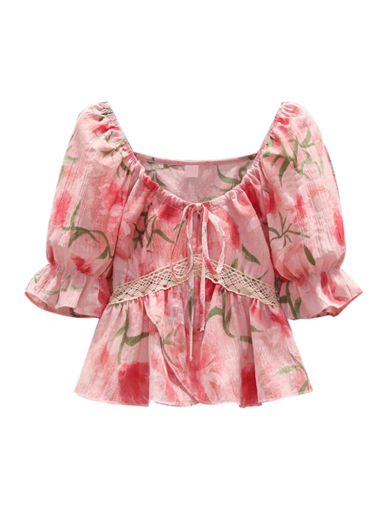 

Women's French One-shoulder Floral Temperament Shirts Female Summer Sweet Gentle Style Short Puff Sleeve Bow Pullover Blouse