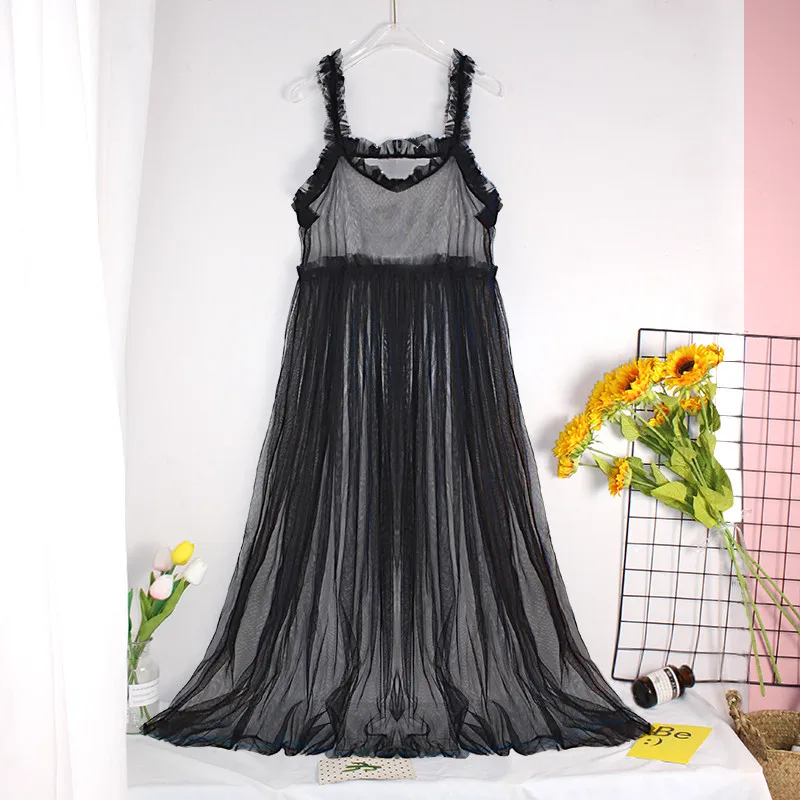 2023 Sommer Mesh Spaghetti träger Kleider Frauen sexy V-Ausschnitt lange Maxi Gesamt kleid Damen eine Linie großen Saum Spitze Tank Vestidos