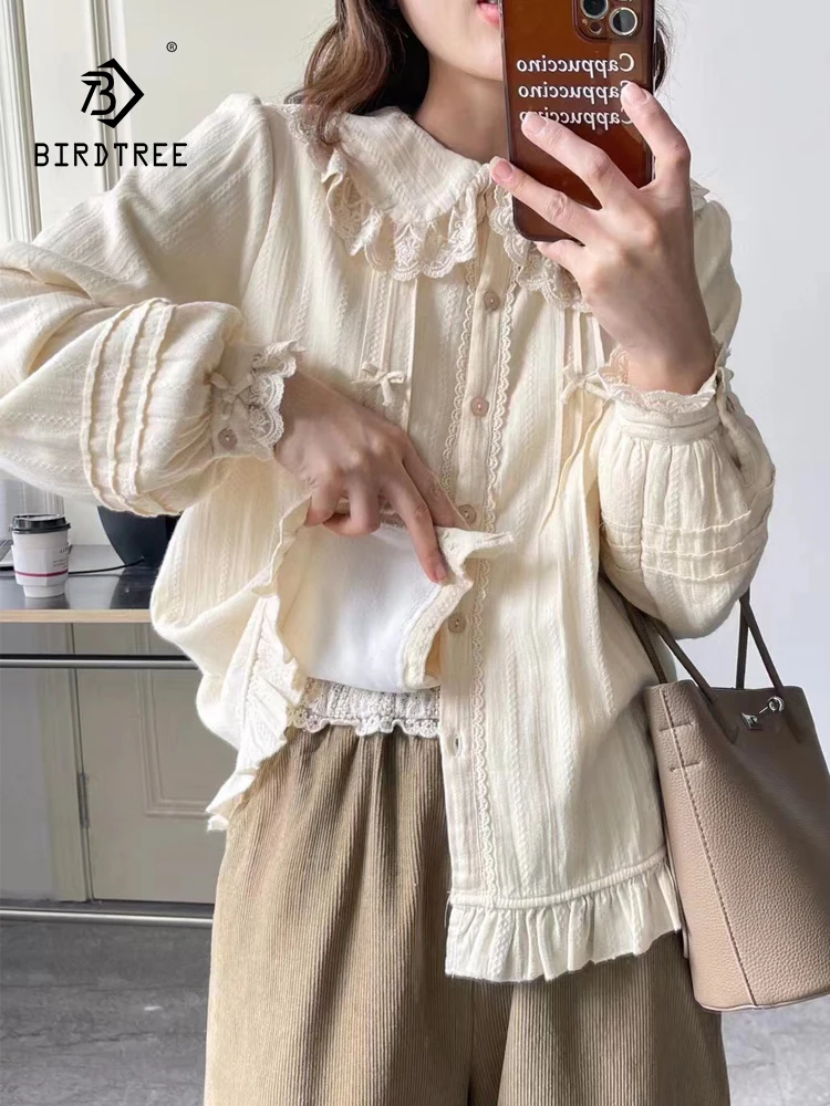 

New 2025 Fall Cotton Long Sleeve Fleece Shirt, Women Peter Pan Collar Lace, Mori Girl Age Reduction Bow Loose Blouse T5O051CC