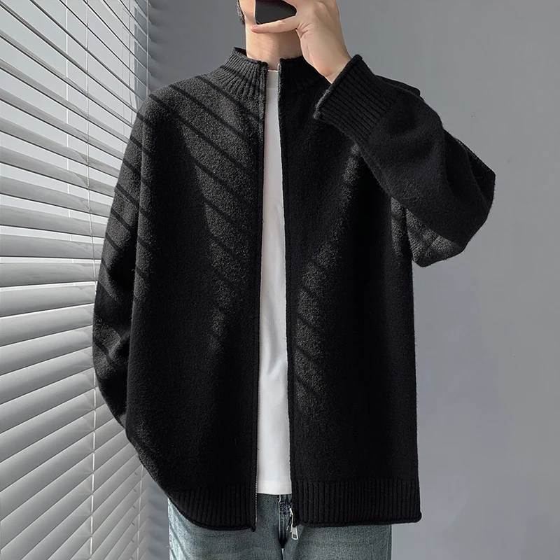 

Japanese Sle Knitted Open Cardigan Sweater Men's Color Loose Zipper Stand Collar Casual Faion Outerwear Trendy