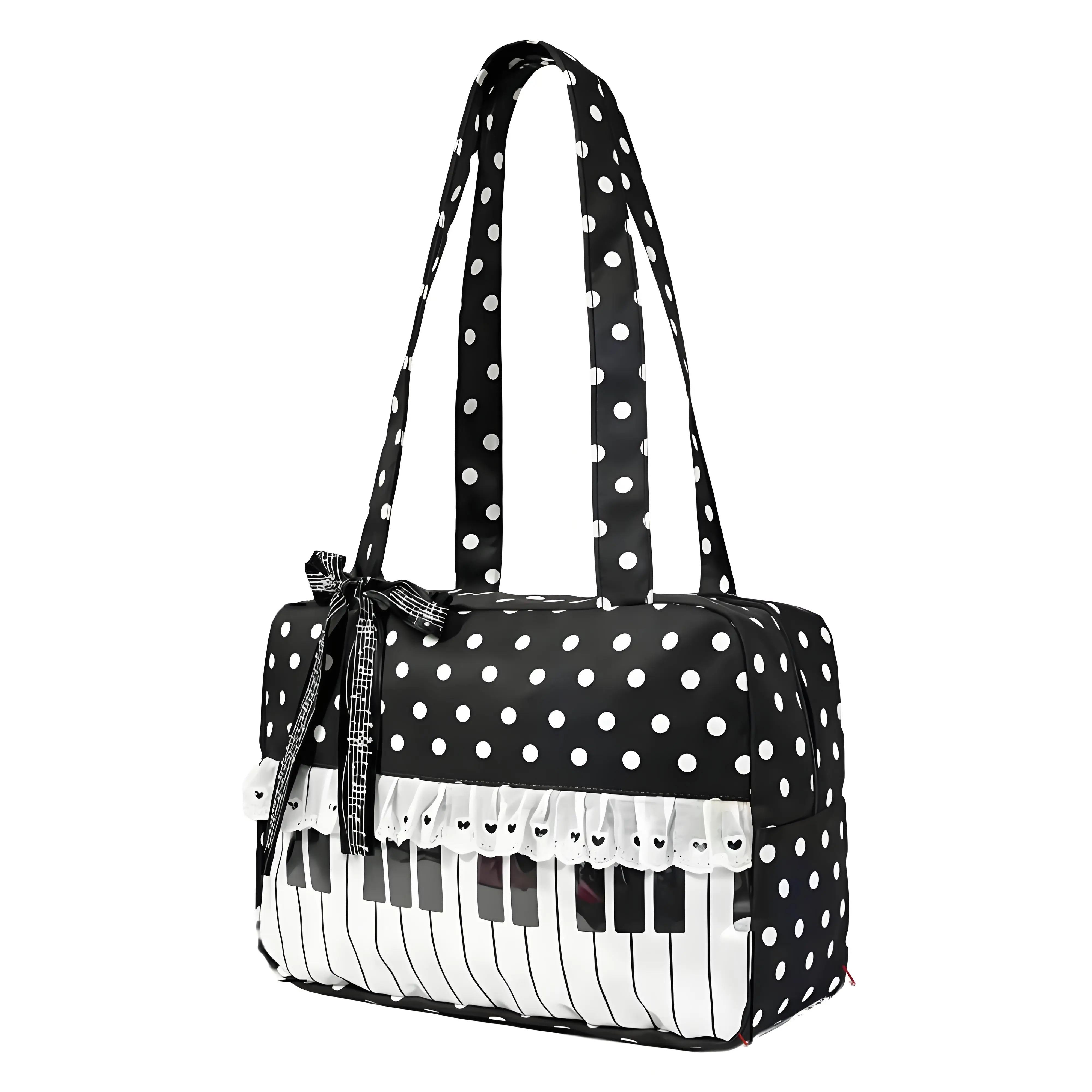 Polka Dot Piano Key Lace Ribbon Shoulder Bag,Contrast Color Patchwork Large Women Bowling Tote Bag,Y2k Girls Wave Point Handbag