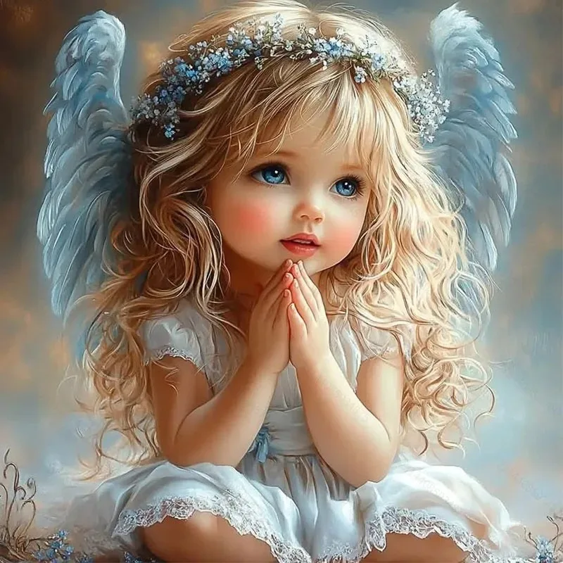 5D DIY Diamond Painting Kit Cute Little Angel Girl Flower Wreath Blue Wings Praying Portrait Handmade Mosaic Craft Wall Art