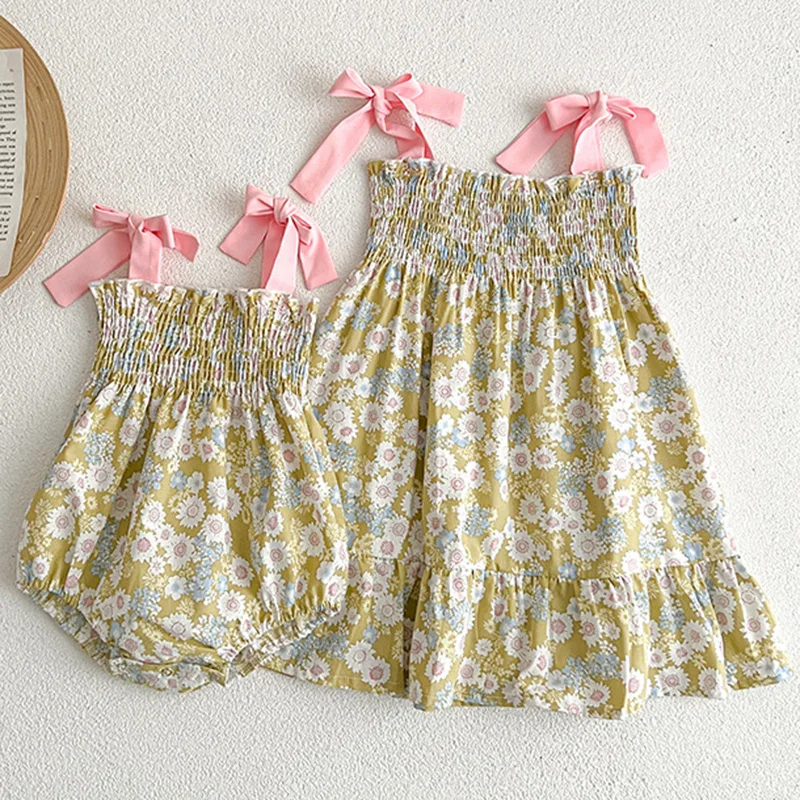 2024 Sister Baby Girl Clothes Girls Dress Summer New Baby Girls Summer Suspender Dresses Sleeveless Sister Flower Princess Dress