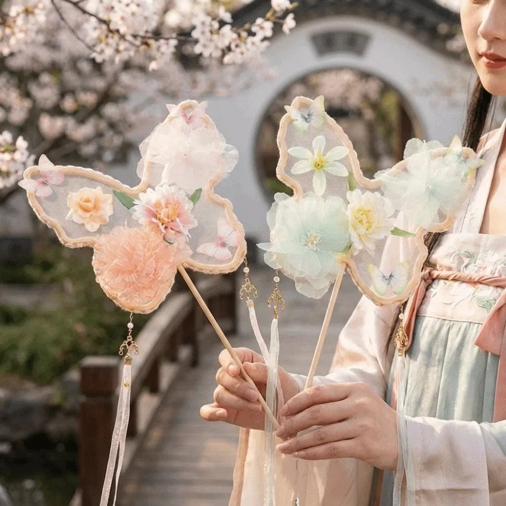 Fairy Theme Handmade Butterfly Handheld Fan Decorative with Tassel Chinese Style Fan Long Handled Fairy Fan Dance Performance