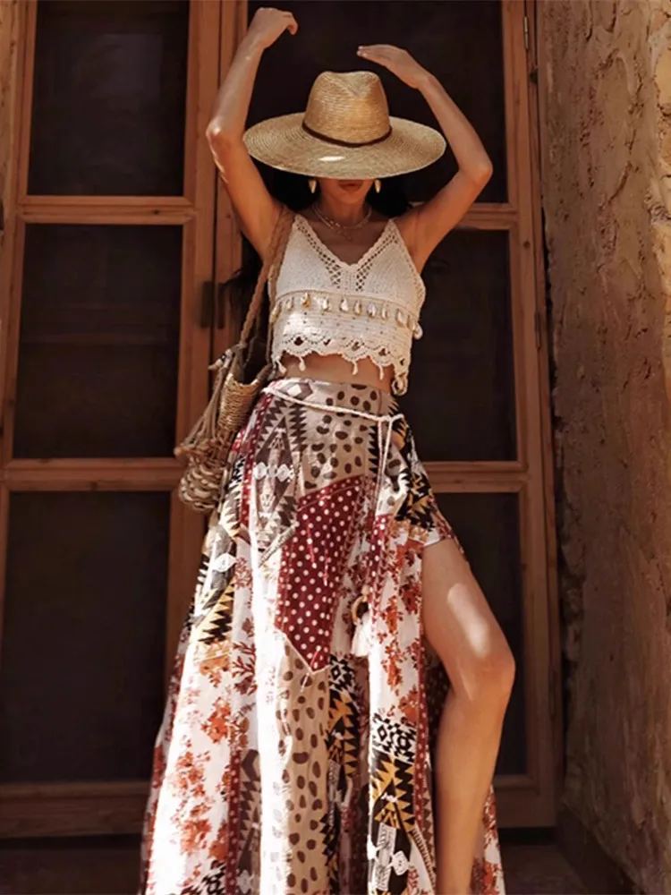66-74cm Waist Summer Skirt Women Holiday Long Skirt Bohemian Vacation Style Printed Sexy Side Slit Multi Piece Patchwork Skirt