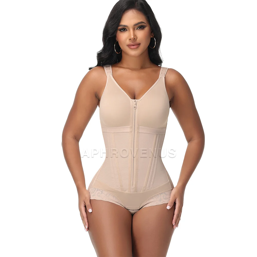 Women Zipper Bodysuit With Bra Adjustable Strap Tummy Control Waist Trainer Butt Lifter Compression Postpartum Shaping Shapewear