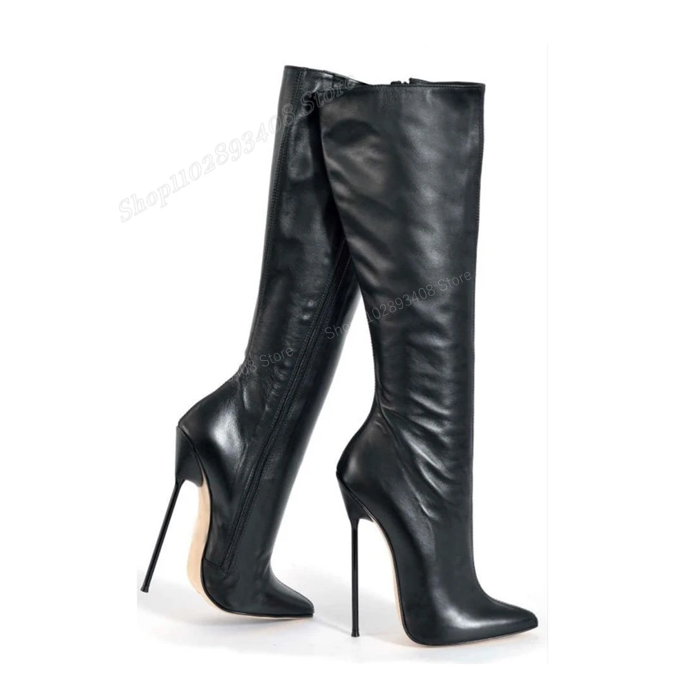 Black Sexy Matte Leather Knee High Boots Stiletto High Heel Pointed Toe Side Zipper Women Shoes 2023 Fashion Zapatos Para Mujere