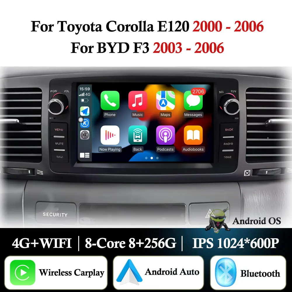 Android15 For Toyota Corolla E120 2003 - 2006 for BYD F3 CarPlay Car Radio Multimedia Player Head Unit Navigation GPS Stereo