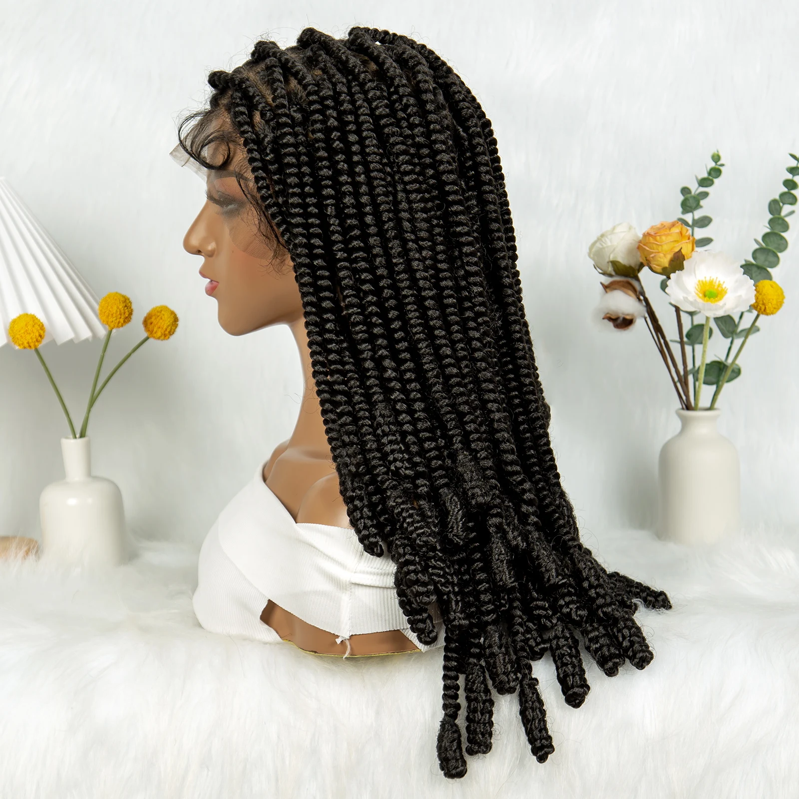 Parrucche intrecciate intrecciate in pizzo pieno da 20 pollici con i capelli del bambino Trecce sintetiche Bantu Parrucche anteriori in pizzo per donne nere Parrucche in pizzo HD naturale