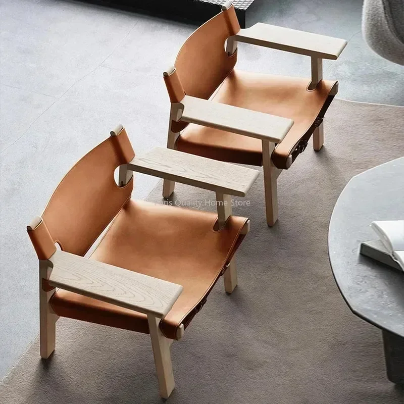 Nordic Solid Wood Design Saddle Leather Hunting Chair Living Room Balcony Wabi Sabi Single Deck Chair