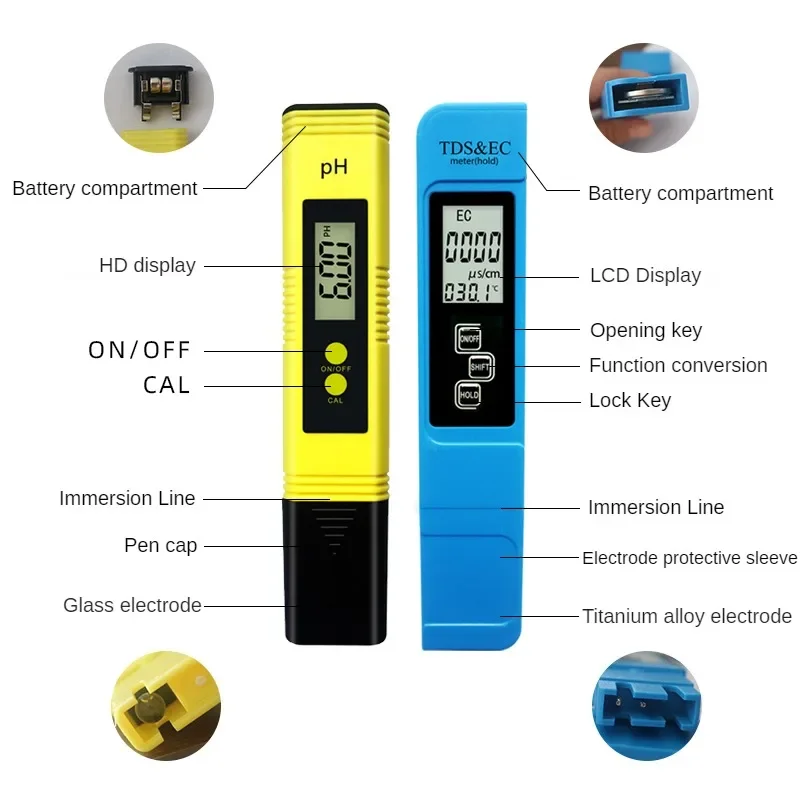 2pcs TDS PH Meter Digital Water Tester 0.01ph High Accuracy PH Meter 0-9990ppm Temperature TEMP PPM Tester