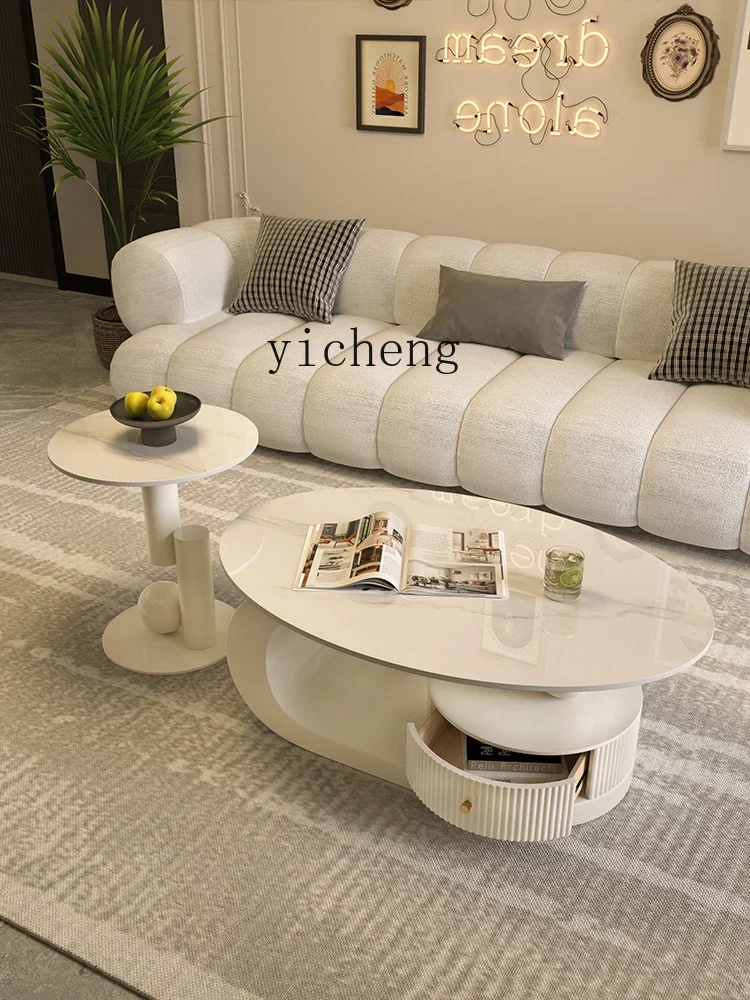 YY Style Light Luxury Oval Coffee Table Small Apartment Living Room Home Stone Plate Tea Table