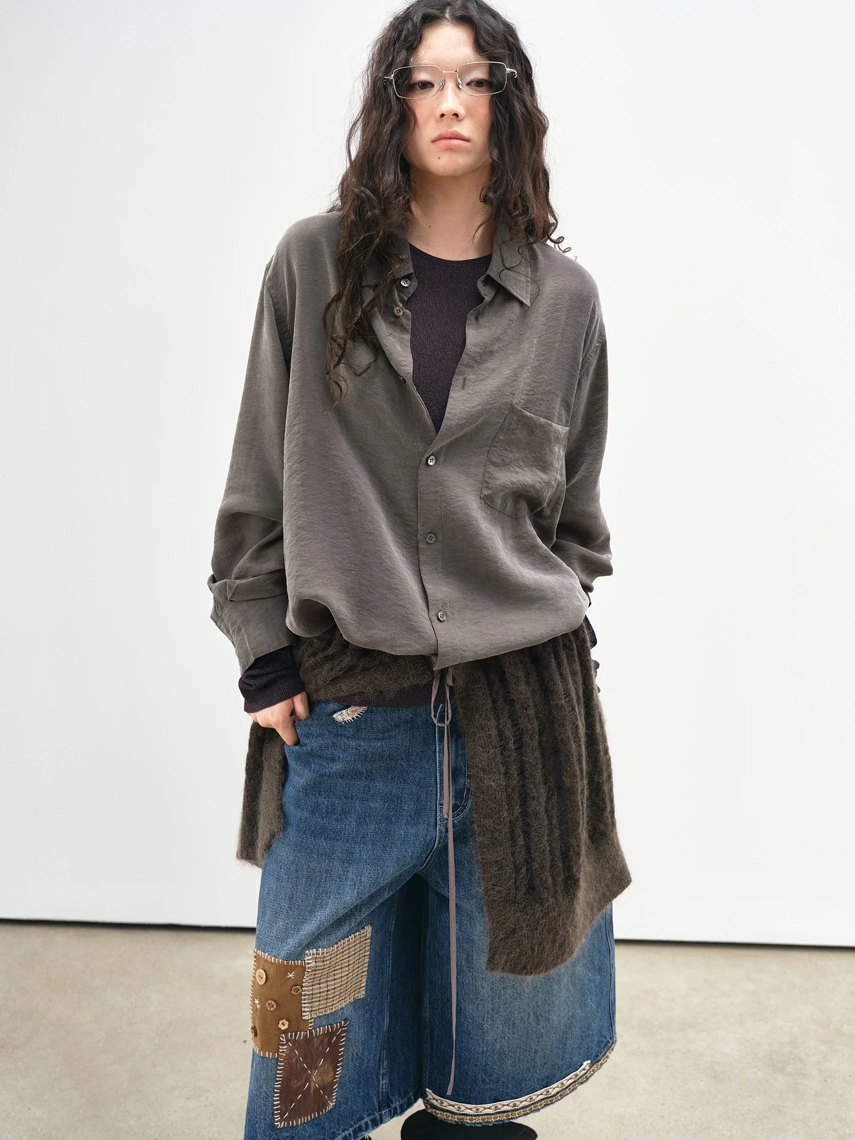 VERMO Layering Shirt with Twist Knit Hollow out Loose Fit Carded Proportional Shaping  Hair Textured Collision Design
