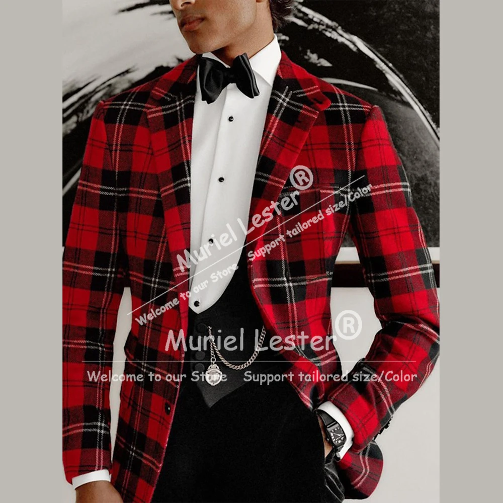 

Retro Plaid Check Suits Men 3 Piece Set Single Breasted Prom Blazers Customized Groom Formal Party Wedding Tuxedos Man Outfits