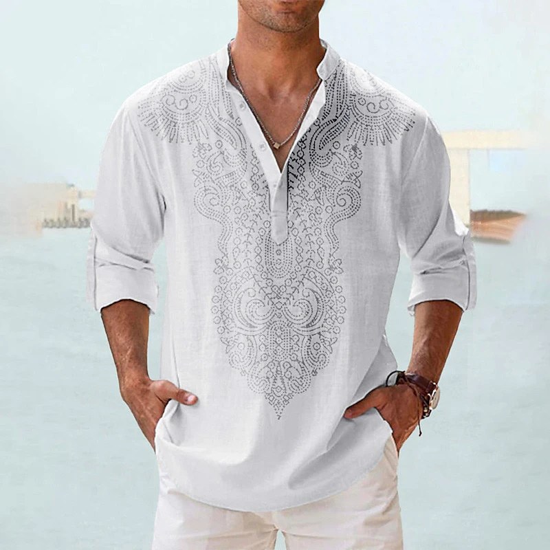 Ethnic Style 3D Print Henley Shirts Men\'s Fashion Vintage Oversized Stand Collar Long Sleeve Shirt Male Tops Blouse Man Clothing