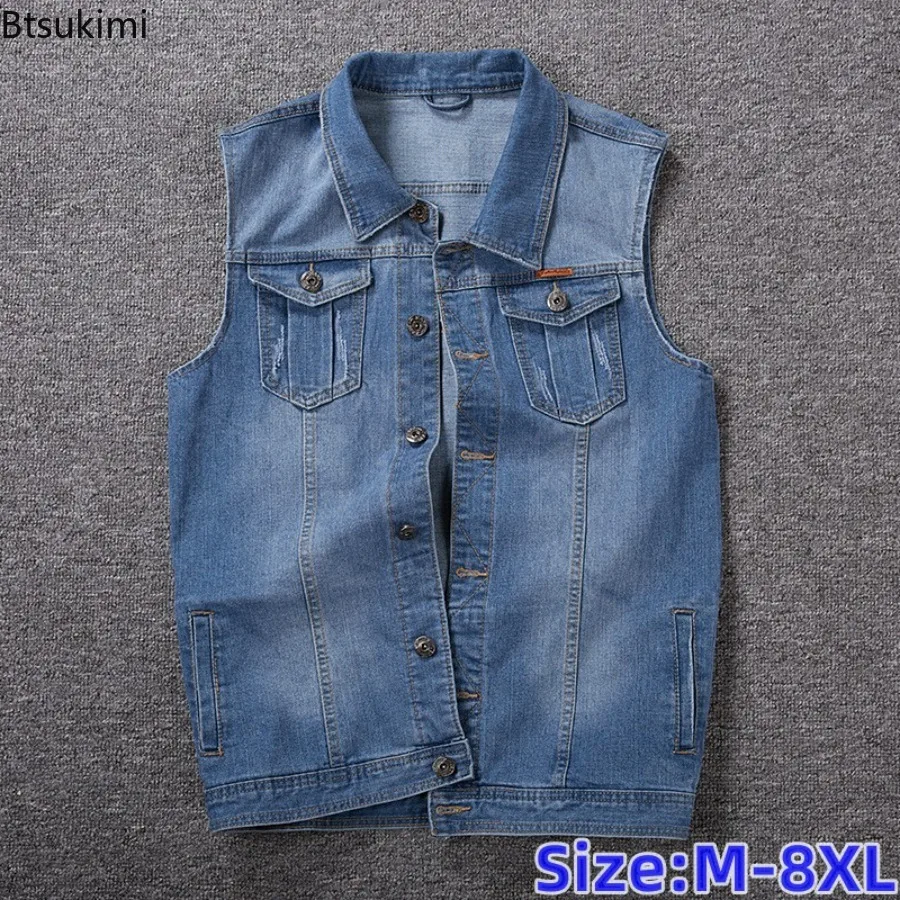 New Men's Plus Size Men Denim Vest Stretch Sleeveless Waistcoat Jacket No Sleeve Cowboy Coat Casual Sleeveless Tank Outerwear