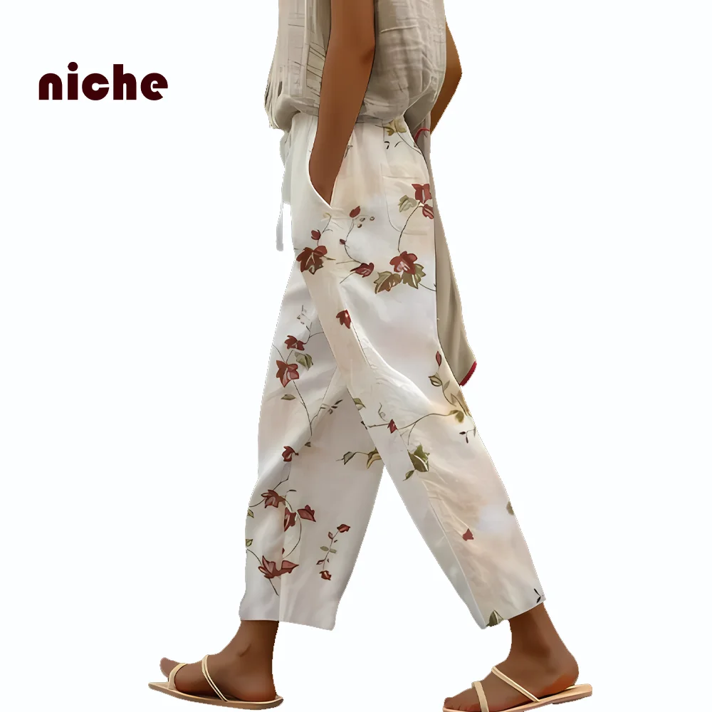 Elegant Nine-Point Pants for Women, Wide-Leg Radish Pants, Small Floral Printing, Fashion Designer, Trendy, New