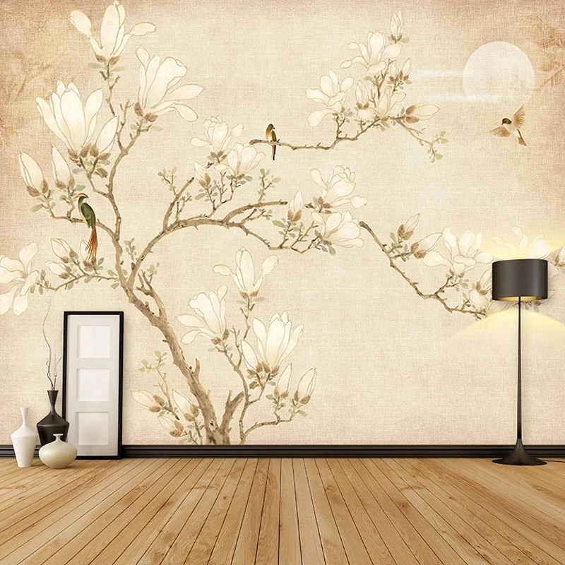 Customized Mural Wallpaper 3D Chinese Style Hand Drawn Vintage Magnolia Tree Flower Living room TV background bedroom restaurant