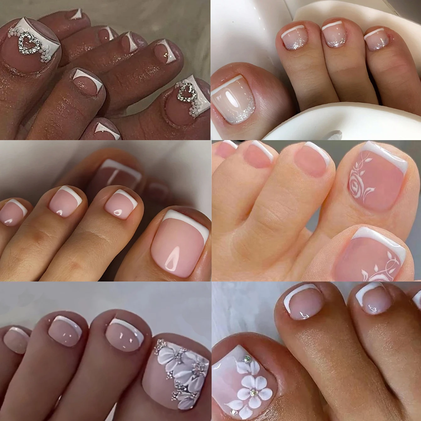 

144pcs/6 Sets - White French Border Fake Toenail Natural - Square Different Design Pressed Acrylic Fake Toenail