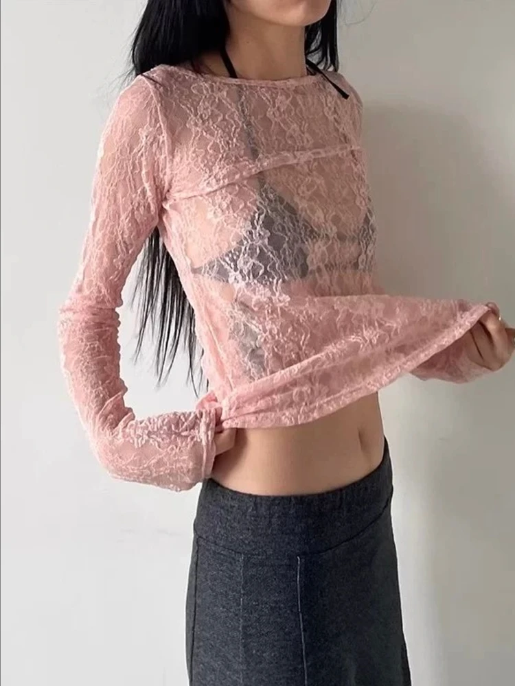 Rétro japonais Sle Long Sve dentelle Nylon élastique T-shirt vêtements intérieurs pour femmes conception transparente trajet Sle Slim Fit roun...