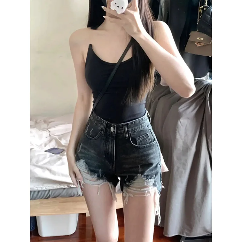 

High Waist Distred Denim orts for Women Summer 2023 Loose Fitting Slimming Bla ey Frayed Hem Hot Girl Sle Hot Pants