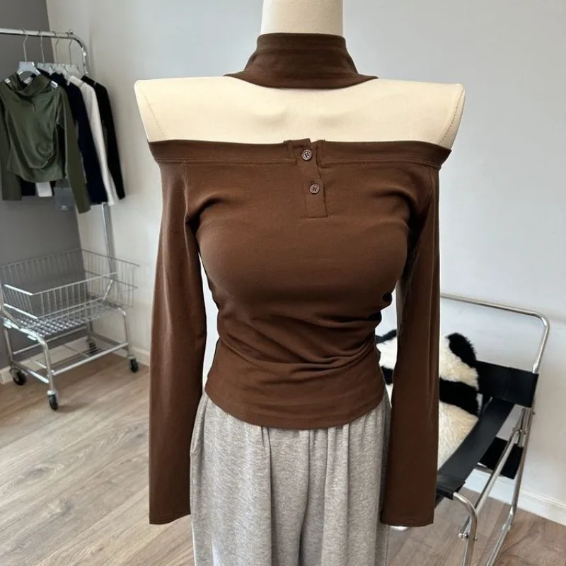 

Halterneck, One-line Collar, Off-shoulder Buttoned Long-sleeved T-shirt, Pleated Slim-fit Bottoming Shirt Top