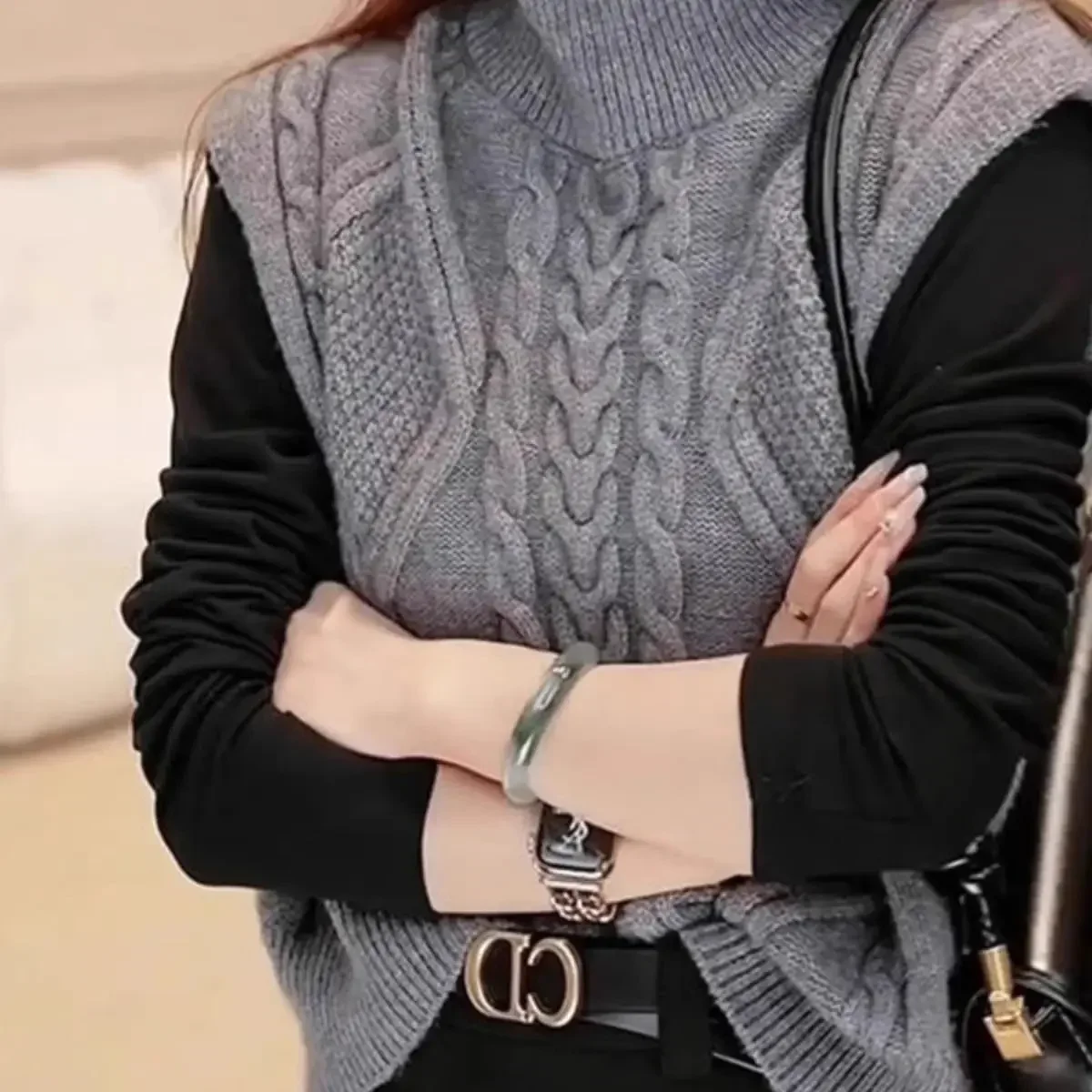 

Layering Cashmere Knitted Top Outerwear Women's High Collar Twist Knit Sweater Vest Spring 2025 New Lazy Style