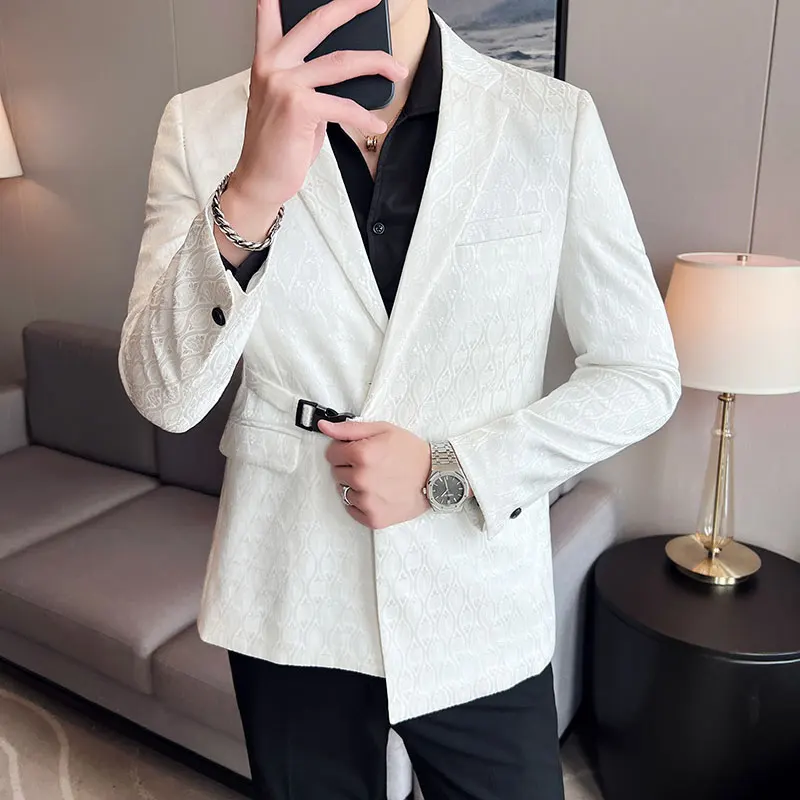 

Retro White Elegant Blazers For Mens Gentleman Luxury Man Suit With Belt Vintage England Smocking Dress Blazer Jacket Party Prom