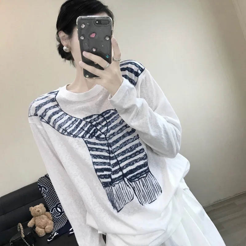 Women Clothes Spring Fashion Casual Printing Solid Color O-neck Female All-match Appear Thin Loose Long Sleeve Pullovers Top Tee