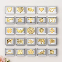 Gold Color Italian Charms Natural Element Princess Clover Charm Links Fit 9mm Stainless Steel Bracelet Beads DIY Fashion Jewelry