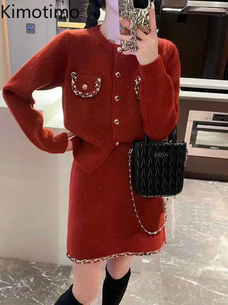 Kimotimo Sweater 2 Piece Sets Women Autumn Winter Elegant Long Sleeve Knitted Cardigan Short Skirts Korean Fashion Suits Outfits