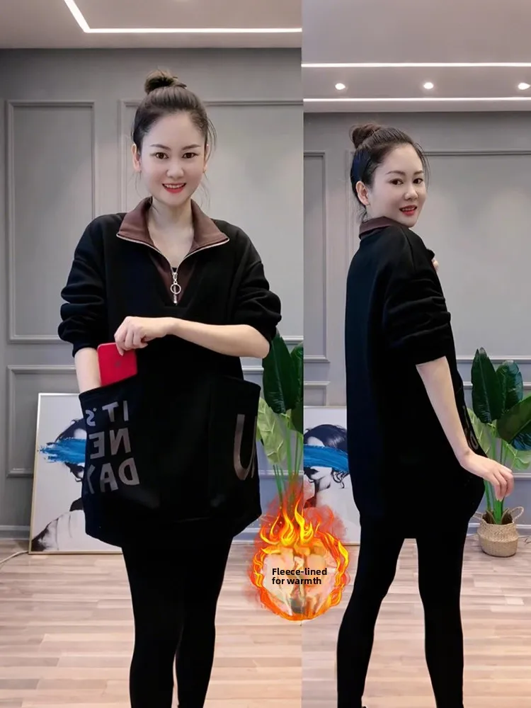 Damska bluza z kapturem na zamek, luźna, w stylu lazy, średniej długości, z nadrukiem, idealna na jesień i zimę.