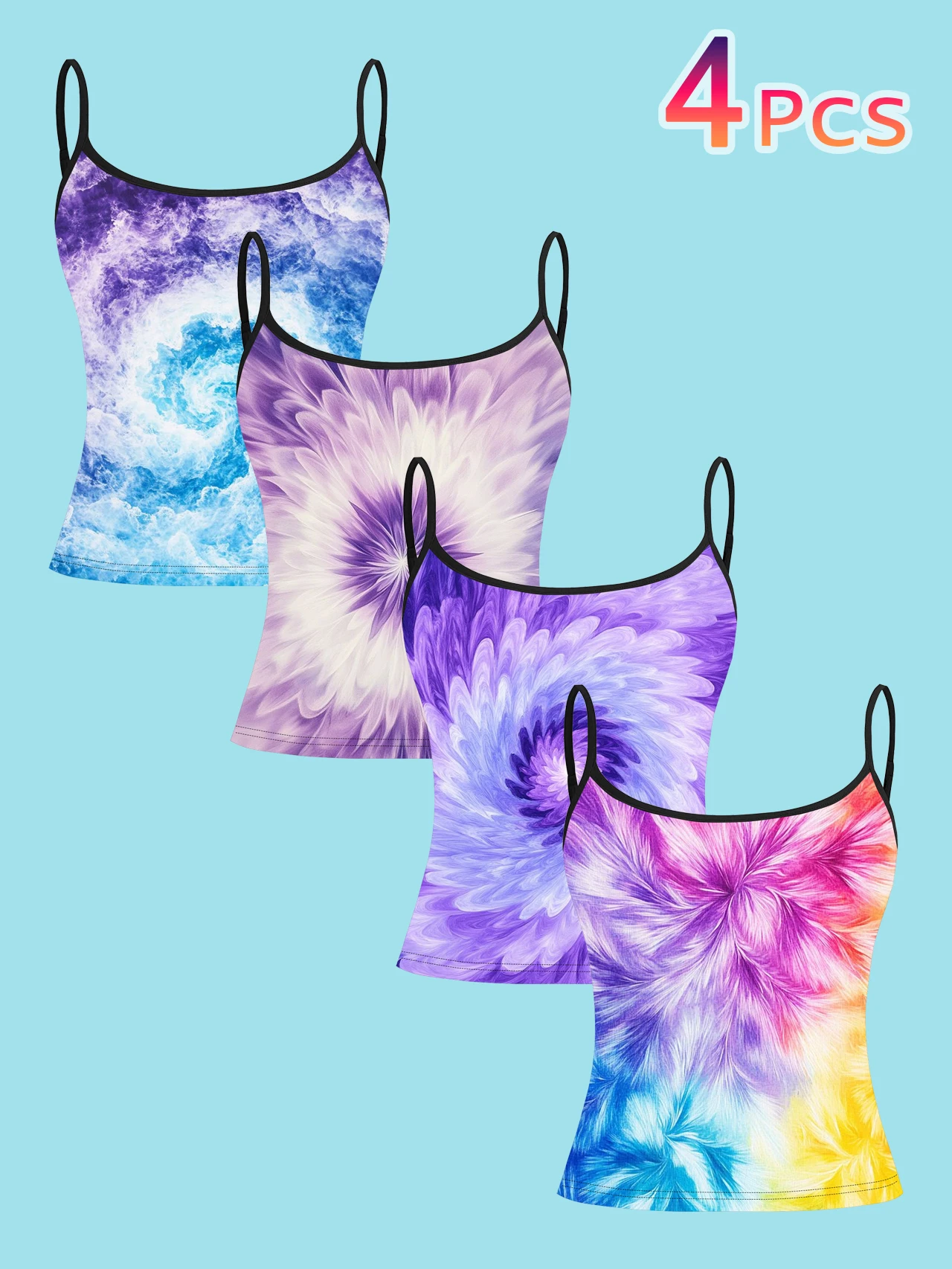 4-Piece Set of Women's Spaghetti Strap Camisoles with Watercolor Swirl Gradient Tie-Dye Print, Slim-Fit Sleeveless Tops, Summer Casual Outerwear and Inner Layering Shirts
