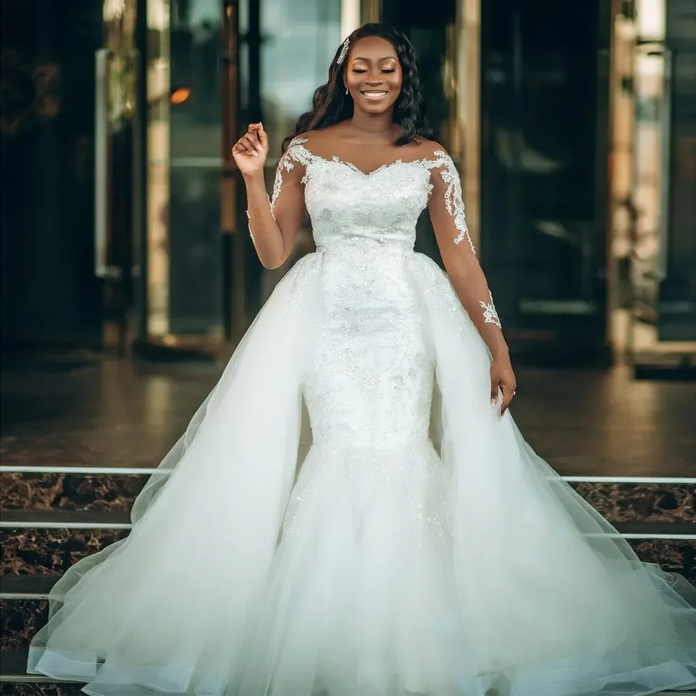 

Customized Mermaid Beading Wedding Dresses Detachable Train Sequined Bridal Gowns Long Sleeves Plus Size Vestido De Novia