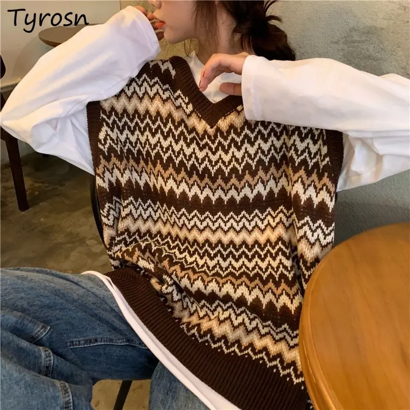 

Sweater Vests Women Baggy Boyfriend Harajuku Vintage Ulzzang Cozy Winter Students Unisex Sweet Couple Classic Striped Knitting