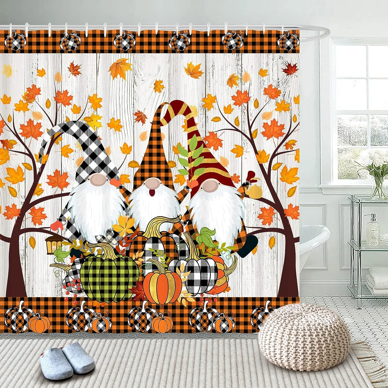

Fall Maple Leaves Gnome Shower Curtain Thanksgiving Day Autumn Buffalo Plaid Pumpkins Fabric Bath Curtains Rustic Bathroom Decor